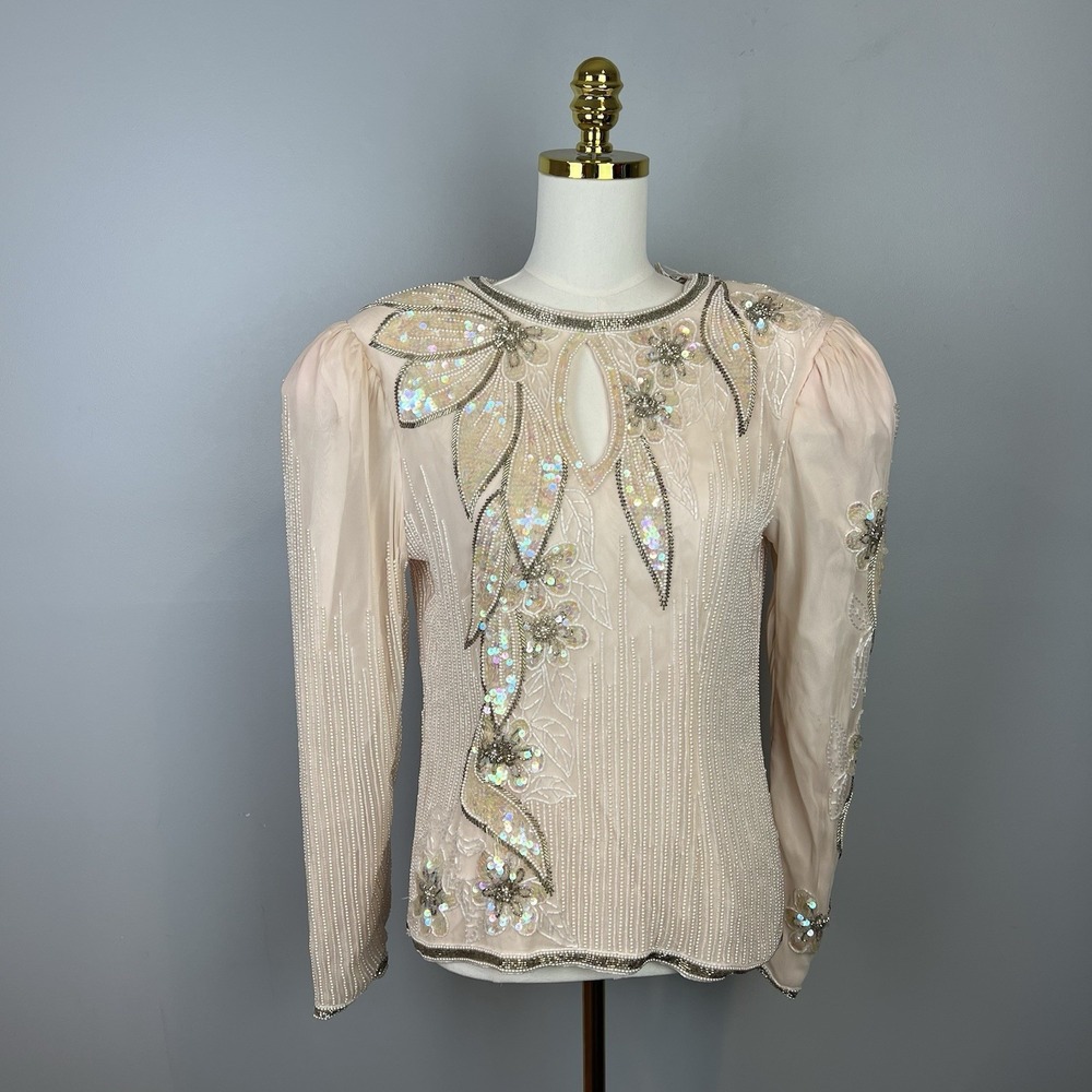 Oleg Cassini Pink Sequin Top Womens Size 8 Long Sleeve Puff Shoulders Formal